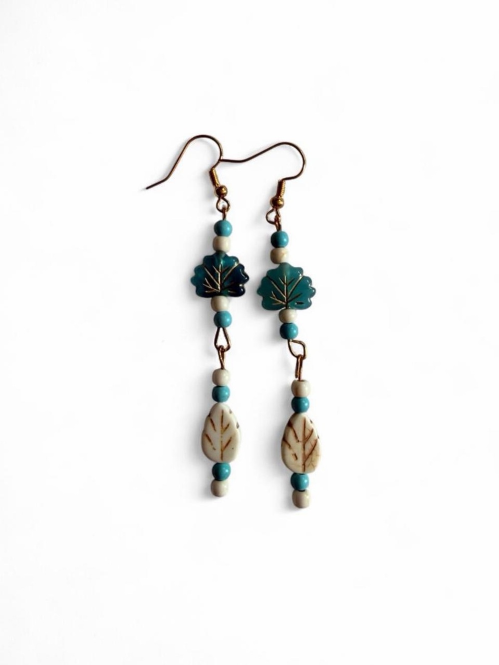 Handmade Turquoise White Leaf Beaded Dangle Earrings Boho Coastal Jewelry